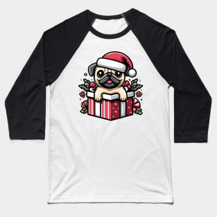 Pug In Present Dog Christmas Festive Santa Hat Baseball T-Shirt